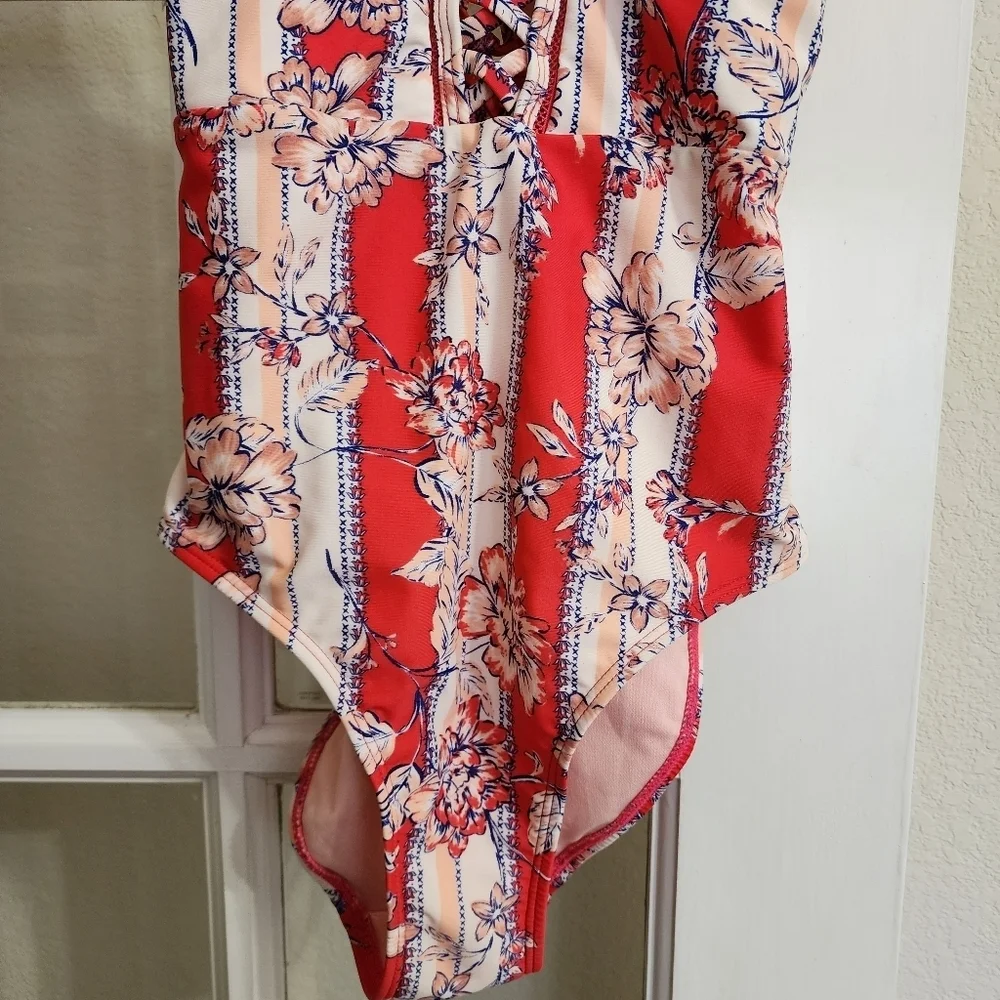 Indigo Rein Floral Lace Up Plunge One Piece Swimsuit Beach Vacation Summer